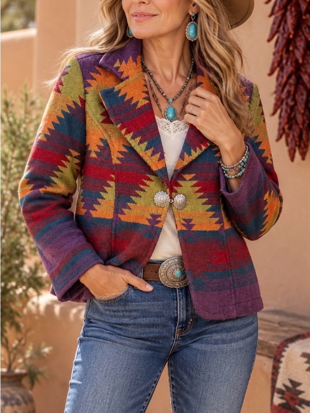 Coldwater Creek PS Southwestern Aztec Blazer Jacket Concho Western Boho Cowgirl
